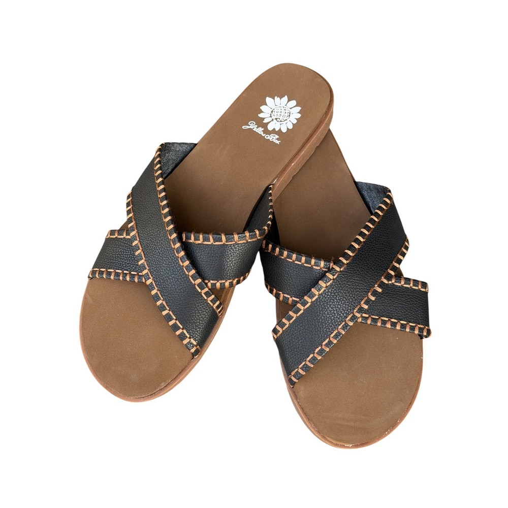 Yellow Box Fariel Slide Sandals Women 9.5 Black Brown EUC Whipstitch Boho